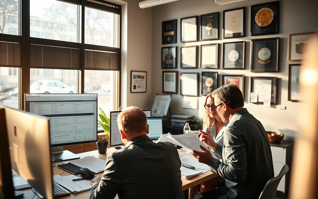 A Bustling Office Scene, With Workers Diligently Reviewing Documents And Discussing Strategies For Maximizing Their Workers' Compensation Benefits. Sunlight Streams Through Large Windows, Casting A Warm Glow On The Workspace. In The Foreground, A Team Gathers Around A Table, Gesturing Animatedly As They Review Case Files. In The Middle Ground, A Computer Monitor Displays Various Forms And Legal Jargon, While A Telephone Sits Nearby, Ready For Urgent Calls. The Background Blurs Slightly, Revealing A Wall Of Framed Certifications And Awards, Conveying The Expertise And Experience Of The Firm. The Overall Atmosphere Is One Of Focused Professionalism, With A Sense Of Purpose And Determination To Ensure That Workers Receive The Full Benefits They Are Entitled To. A Bustling Office Scene, With Workers Diligently Reviewing Documents And Discussing Strategies For Maximizing Their Workers' Compensation Benefits. Sunlight Streams Through Large Windows, Casting A Warm Glow On The Workspace. In The Foreground, A Team Gathers Around A Table, Gesturing Animatedly As They Review Case Files. In The Middle Ground, A Computer Monitor Displays Various Forms And Legal Jargon, While A Telephone Sits Nearby, Ready For Urgent Calls. The Background Blurs Slightly, Revealing A Wall Of Framed Certifications And Awards, Conveying The Expertise And Experience Of The Firm. The Overall Atmosphere Is One Of Focused Professionalism, With A Sense Of Purpose And Determination To Ensure That Workers Receive The Full Benefits They Are Entitled To.