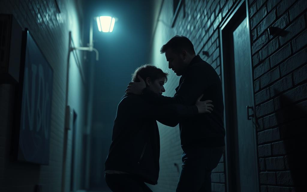 A Dimly Lit Back Alley, The Shadows Cast By A Lone Streetlamp Creating An Ominous Atmosphere. In The Foreground, Two Figures Engaged In A Tense Confrontation, Their Body Language And Facial Expressions Conveying A Sense Of Aggression And Fear. The Victim, A Helpless Individual, Is Being Overpowered By The Aggressor, Who Displays A Menacing Presence. The Scene Is Captured Through A Low-Angle, Cinematic Lens, Heightening The Sense Of Tension And Vulnerability. The Color Palette Is Predominantly Muted, With Shades Of Gray And Blue Predominating, Adding To The Gritty, Realistic Feel Of The Image.