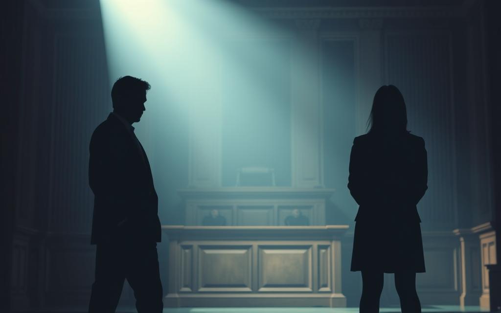 A Dimly Lit Courtroom Interior, With A Somber, Serious Atmosphere. In The Foreground, Two Silhouetted Figures Representing The Concepts Of &Quot;Statutory Rape&Quot; And &Quot;Criminal Sexual Contact&Quot; Stand In Sharp Contrast, Their Body Language And Positioning Conveying The Gravity And Complexity Of The Legal Distinctions. The Middle Ground Features A Detailed Rendering Of The Judge'S Bench, Exuding An Aura Of Authority And Justice. The Background Is Shrouded In A Muted, Evocative Lighting, Creating A Sense Of Weight And Contemplation. The Overall Composition Emphasizes The Nuanced, High-Stakes Nature Of The Legal Landscape Surrounding These Sensitive Topics.
