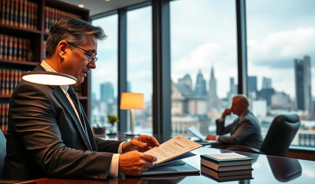 High Net Worth Divorce Lawyer – Expert Legal Protection Made Simple ✅ 1 A Law Office Interior With A Large Window Overlooking A Bustling City Skyline. In The Foreground, A Confident, Well-Dressed Lawyer Reviews Documents At Their Desk, The Warm Glow Of A Desk Lamp Illuminating Their Focused Expression. Shelves Of Legal Tomes Line The Walls, Lending An Air Of Expertise And Authority. In The Middle Ground, A Client Sits Across From The Lawyer, Engaging In A Serious Discussion. The Lighting Is A Mix Of Natural Daylight And Soft, Ambient Lighting, Creating A Professional Yet Approachable Atmosphere. The Background Features The Urban Landscape, Hinting At The Real-World Complexities The Legal Team Navigates To Protect Their Clients' Interests In Work Injury Cases.