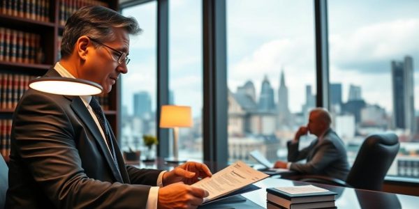 A Law Office Interior With A Large Window Overlooking A Bustling City Skyline. In The Foreground, A Confident, Well-Dressed Lawyer Reviews Documents At Their Desk, The Warm Glow Of A Desk Lamp Illuminating Their Focused Expression. Shelves Of Legal Tomes Line The Walls, Lending An Air Of Expertise And Authority. In The Middle Ground, A Client Sits Across From The Lawyer, Engaging In A Serious Discussion. The Lighting Is A Mix Of Natural Daylight And Soft, Ambient Lighting, Creating A Professional Yet Approachable Atmosphere. The Background Features The Urban Landscape, Hinting At The Real-World Complexities The Legal Team Navigates To Protect Their Clients' Interests In Work Injury Cases.