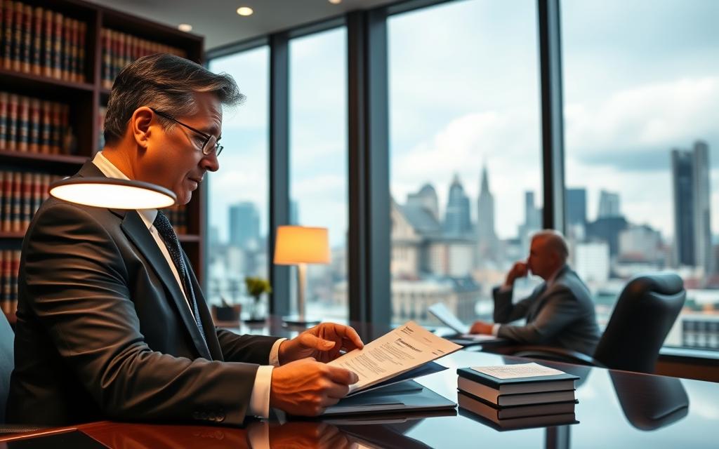 A Law Office Interior With A Large Window Overlooking A Bustling City Skyline. In The Foreground, A Confident, Well-Dressed Lawyer Reviews Documents At Their Desk, The Warm Glow Of A Desk Lamp Illuminating Their Focused Expression. Shelves Of Legal Tomes Line The Walls, Lending An Air Of Expertise And Authority. In The Middle Ground, A Client Sits Across From The Lawyer, Engaging In A Serious Discussion. The Lighting Is A Mix Of Natural Daylight And Soft, Ambient Lighting, Creating A Professional Yet Approachable Atmosphere. The Background Features The Urban Landscape, Hinting At The Real-World Complexities The Legal Team Navigates To Protect Their Clients' Interests In Work Injury Cases. A Law Office Interior With A Large Window Overlooking A Bustling City Skyline. In The Foreground, A Confident, Well-Dressed Lawyer Reviews Documents At Their Desk, The Warm Glow Of A Desk Lamp Illuminating Their Focused Expression. Shelves Of Legal Tomes Line The Walls, Lending An Air Of Expertise And Authority. In The Middle Ground, A Client Sits Across From The Lawyer, Engaging In A Serious Discussion. The Lighting Is A Mix Of Natural Daylight And Soft, Ambient Lighting, Creating A Professional Yet Approachable Atmosphere. The Background Features The Urban Landscape, Hinting At The Real-World Complexities The Legal Team Navigates To Protect Their Clients' Interests In Work Injury Cases.