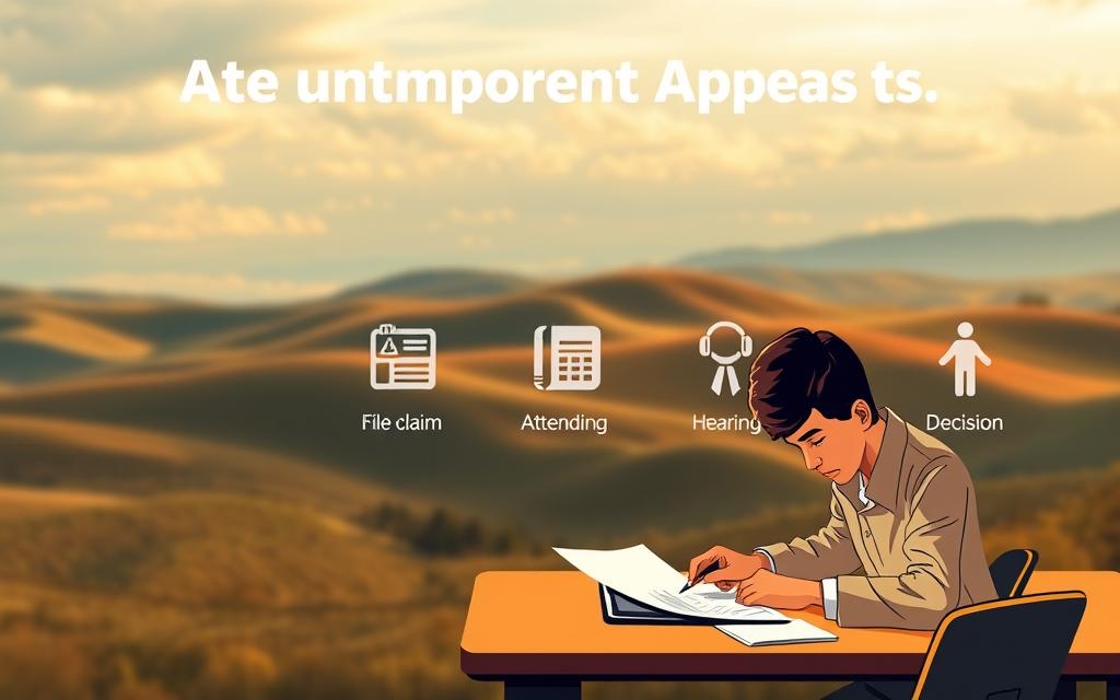 A Visually Striking Illustration Depicting The Step-By-Step Unemployment Appeal Process. In The Foreground, A Person Sitting At A Desk, Meticulously Filling Out Forms And Documentation, Conveying The Attention To Detail Required. In The Middle Ground, A Series Of Icons Representing The Various Stages Of The Appeal - File Claim, Attend Hearing, Receive Decision. The Background Shows An Abstract, Yet Calming Landscape Of Rolling Hills And A Cloudy Sky, Suggesting The Sense Of Navigating A Complex Bureaucratic System. Warm, Natural Lighting Casts A Soft Glow, Creating A Contemplative Mood. Rendered In A Clean, Minimalist Style With A Focus On Simplicity And Clarity, To Effectively Communicate The Key Elements Of The Unemployment Appeal Process. A Visually Striking Illustration Depicting The Step-By-Step Unemployment Appeal Process. In The Foreground, A Person Sitting At A Desk, Meticulously Filling Out Forms And Documentation, Conveying The Attention To Detail Required. In The Middle Ground, A Series Of Icons Representing The Various Stages Of The Appeal - File Claim, Attend Hearing, Receive Decision. The Background Shows An Abstract, Yet Calming Landscape Of Rolling Hills And A Cloudy Sky, Suggesting The Sense Of Navigating A Complex Bureaucratic System. Warm, Natural Lighting Casts A Soft Glow, Creating A Contemplative Mood. Rendered In A Clean, Minimalist Style With A Focus On Simplicity And Clarity, To Effectively Communicate The Key Elements Of The Unemployment Appeal Process.
