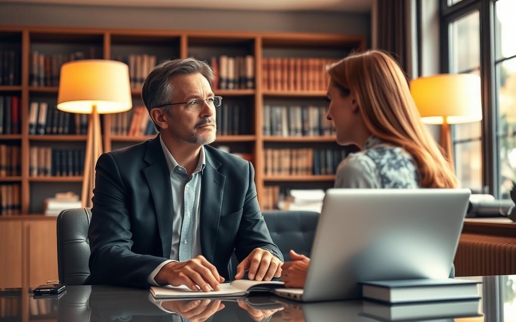 A Well-Lit, Modern Law Office Interior With A Lawyer Sitting At A Desk, Consulting With A Client. The Lawyer'S Expression Is Professional And Attentive, While The Client'S Body Language Conveys A Sense Of Concern Or Uncertainty. Warm Lighting From Floor Lamps And A Large Window Illuminates The Scene, Creating A Cozy Yet Serious Atmosphere. The Background Showcases Bookshelves, Legal Documents, And Other Office Accoutrements, Suggesting An Environment Of Legal Expertise. The Composition Emphasizes The Interaction Between The Lawyer And Client, Highlighting The Importance Of Legal Representation In Unemployment Cases. A Well-Lit, Modern Law Office Interior With A Lawyer Sitting At A Desk, Consulting With A Client. The Lawyer'S Expression Is Professional And Attentive, While The Client'S Body Language Conveys A Sense Of Concern Or Uncertainty. Warm Lighting From Floor Lamps And A Large Window Illuminates The Scene, Creating A Cozy Yet Serious Atmosphere. The Background Showcases Bookshelves, Legal Documents, And Other Office Accoutrements, Suggesting An Environment Of Legal Expertise. The Composition Emphasizes The Interaction Between The Lawyer And Client, Highlighting The Importance Of Legal Representation In Unemployment Cases.
