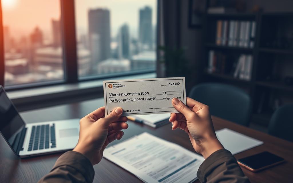 A Dimly Lit Office Setting With A Wooden Desk, A Stack Of Documents, And A Laptop Computer. In The Foreground, A Pair Of Hands Holding A Check Representing Workers' Compensation Benefits. The Background Features A Window With A Cityscape View, Suggesting The Urban Context. The Lighting Is Warm And Soft, Creating A Sense Of Professionalism And Attention To Detail. The Overall Tone Is One Of Understanding And Guidance, Reflecting The Expertise Of The Workers' Compensation Lawyers Featured In The Article. A Dimly Lit Office Setting With A Wooden Desk, A Stack Of Documents, And A Laptop Computer. In The Foreground, A Pair Of Hands Holding A Check Representing Workers' Compensation Benefits. The Background Features A Window With A Cityscape View, Suggesting The Urban Context. The Lighting Is Warm And Soft, Creating A Sense Of Professionalism And Attention To Detail. The Overall Tone Is One Of Understanding And Guidance, Reflecting The Expertise Of The Workers' Compensation Lawyers Featured In The Article.