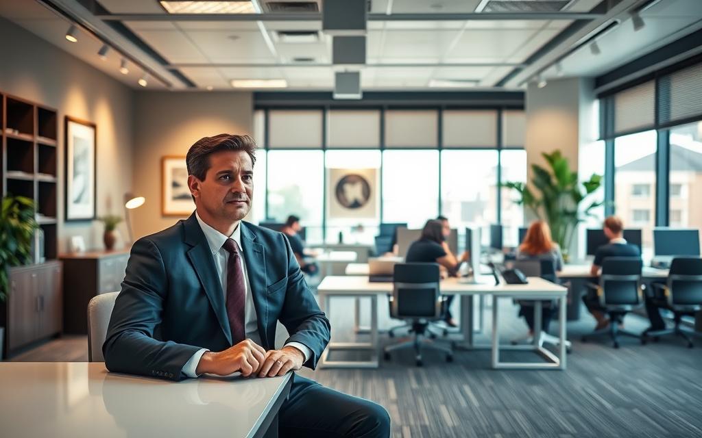 A Modern Law Office Interior With A Warm, Welcoming Atmosphere. In The Foreground, A Professional-Looking Male Attorney Dressed In A Sharp Suit, Sitting At A Sleek, Minimal Desk And Engaged In A Thoughtful Discussion With A Client. The Middle Ground Showcases Various Workstations Where Dedicated Team Members Collaborate, Their Faces Obscured To Maintain Privacy. The Background Features Large Windows Allowing Abundant Natural Light, Complemented By Tasteful Artwork And Greenery, Conveying A Sense Of Expertise, Care, And Attention To Detail. The Overall Scene Exudes A Sense Of Professionalism, Competence, And A Personalized Approach To Workers' Compensation Legal Assistance. A Modern Law Office Interior With A Warm, Welcoming Atmosphere. In The Foreground, A Professional-Looking Male Attorney Dressed In A Sharp Suit, Sitting At A Sleek, Minimal Desk And Engaged In A Thoughtful Discussion With A Client. The Middle Ground Showcases Various Workstations Where Dedicated Team Members Collaborate, Their Faces Obscured To Maintain Privacy. The Background Features Large Windows Allowing Abundant Natural Light, Complemented By Tasteful Artwork And Greenery, Conveying A Sense Of Expertise, Care, And Attention To Detail. The Overall Scene Exudes A Sense Of Professionalism, Competence, And A Personalized Approach To Workers' Compensation Legal Assistance.