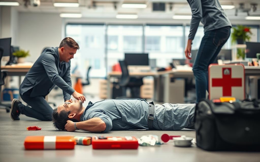 A Well-Lit And Sharply Focused Scene Depicting The Immediate Steps To Take In A Workplace Injury Emergency. In The Foreground, An Injured Worker Lying On The Ground, Being Attended To By A Concerned Colleague. In The Middle Ground, A First Aid Kit And Other Emergency Supplies Are Visible, Suggesting The Availability Of Medical Resources. In The Background, A Clean And Organized Office Environment With Desks, Computers, And Other Workplace Elements. The Lighting Is Bright And Natural, Creating A Sense Of Urgency And The Need For Prompt Action. The Overall Mood Is One Of Professionalism, Care, And Attention To Detail, Reflecting The Importance Of The Situation And The Necessary Steps To Be Taken. A Well-Lit And Sharply Focused Scene Depicting The Immediate Steps To Take In A Workplace Injury Emergency. In The Foreground, An Injured Worker Lying On The Ground, Being Attended To By A Concerned Colleague. In The Middle Ground, A First Aid Kit And Other Emergency Supplies Are Visible, Suggesting The Availability Of Medical Resources. In The Background, A Clean And Organized Office Environment With Desks, Computers, And Other Workplace Elements. The Lighting Is Bright And Natural, Creating A Sense Of Urgency And The Need For Prompt Action. The Overall Mood Is One Of Professionalism, Care, And Attention To Detail, Reflecting The Importance Of The Situation And The Necessary Steps To Be Taken.